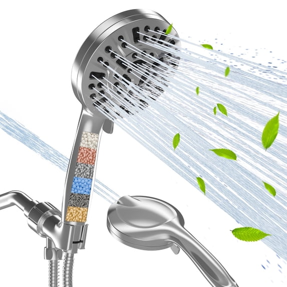CSD36FXSH0000SR Filtered Shower Head with Handheld, High Pressure 10 Spray Mode Showerhead with Filters Beads for Hard Water - Remove Chlorine, Anti-clog Nozzles, Built-in Power Wash to Clean Tub Tile & Pets, Chrome