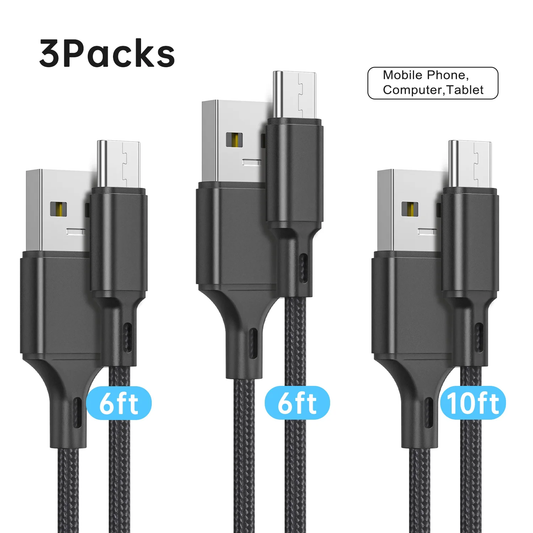 USB Type C Cable, (3-Pack 6/6/10FT) USB C Charger Cable Nylon Braided Fast Charging Sync Cord Compatible with iPhone 15/15 Pro Max Samsung Galaxy S10 S9 S8 Plus,Note 9 8, LG G7 V30S, Color (Black)