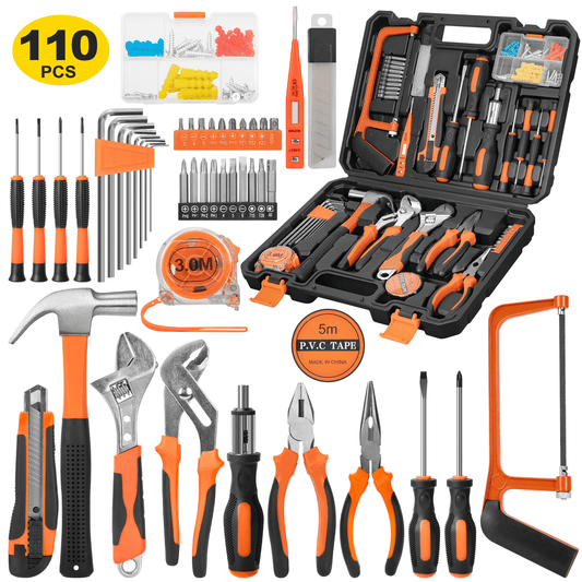 CSD45HRTK0000OG148P 110 PCS Household Hand Tool Set - Home Basic Repair Tool Kit with Case, Hammer, Pliers, Screwdrivers, Adjustable Wrench and Voltage Tester for Men Women Home Maintenance and DIY Projects