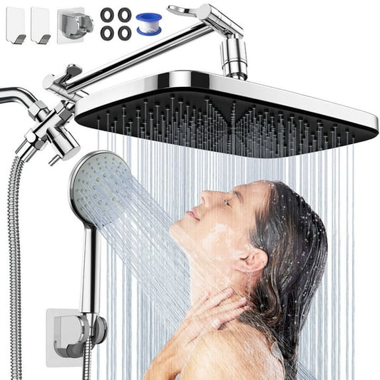 CSD37SQSH0012BK 12" High Pressure Rain Shower Head Combo with Adjustable Extension Arm, Dual Showerhead with 5 Setting Spray Handheld Shower head, Wide Rainfall Shower head with 59" Hose, Silver Chrome