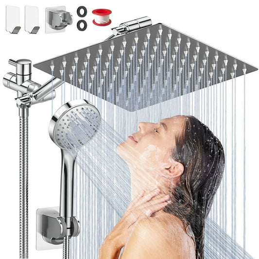 CSD37HPSH0012SR 12 Inch Dual Shower Head Combo with 11" Extension Arm, 5 Settings Adjustable Anti-leak High Pressure Shower Head with 59" Hose, Height/Angle Adjustable Anti-Clog Nozzles, Silver Chrome