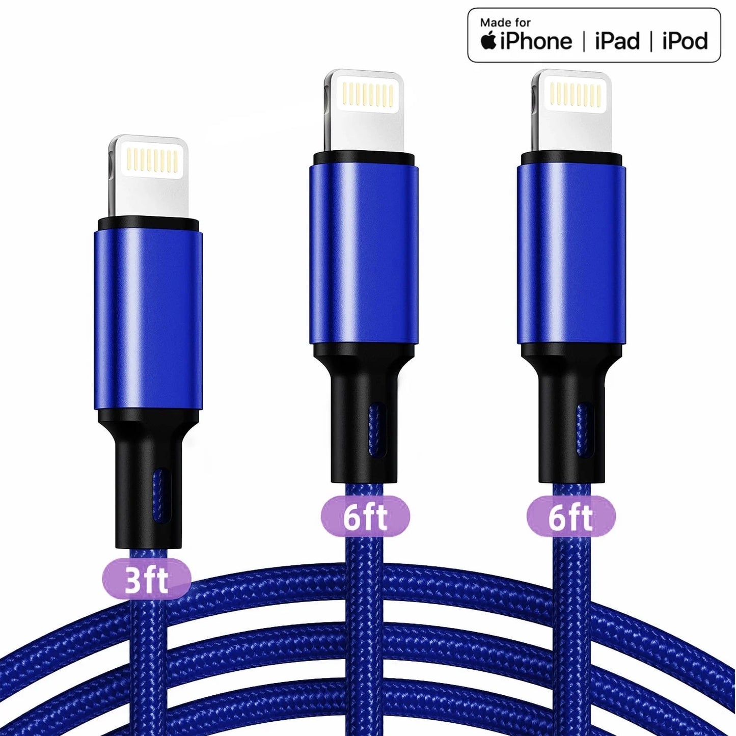 Cshidworld Lightning Cable, 3Pack [Apple MFi Certified] Nylon Fast Charging (3/6/6ft)，Compatible with iPhone 14/13/12/11 Pro Max/Pro 13/12 Mini MAX XS Xr X 6 AirPods iPad，Blue CSD01LNCB0000BU