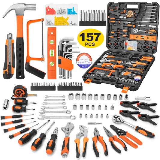 CSD44HHTS0000OG198P 157 Piece Household Tool Kit/Mechanics Tool Set, Socket Wrench Auto Repair Tool Combination Package 1/4" Ratchet Wrench, Mixed Hand Mechanics Tools Kit and Socket Set with Plastic Toolbox Storage Box