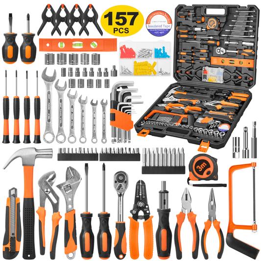 CSD45HHTS0000OG198P 157 Piece Socket Wrench Auto Repair Tool Combination Package 1/4" Ratchet Wrench, Household Tool Set General Mechanic Tool Kit and Socket Set, Mixed Tool Set Hand Tool Kit with Toolbox Storage Case