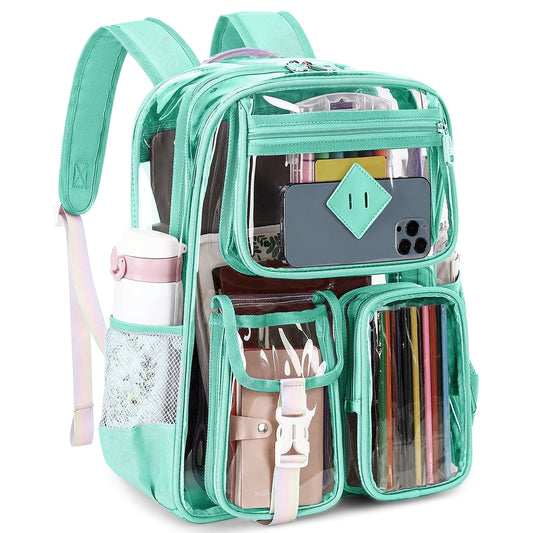 CSD47LAGCB0000BU 17" Large Clear Backpack, Heavy Duty Waterproof PVC Transparent Backpack Stadium Approved with Multiple Pockets, Clear bag for College Workplace Stadium Travel Security Festival College,
