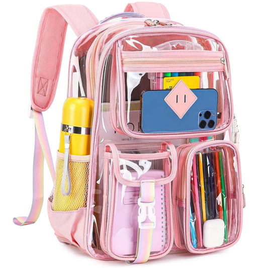 CSD47LAGCB0000PK 17" Large Clear Backpack, Heavy Duty Waterproof PVC Transparent Backpack Stadium Approved with Multiple Pockets, Clear bag for College Workplace Stadium Travel Security Festival College, Light Pink