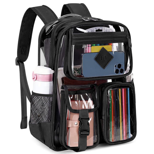 CSD47LAGCB0000BK 17" Large Clear Backpack, Heavy Duty Waterproof PVC Transparent Backpack Stadium Approved with Multiple Pockets, Clear bag for College Workplace Stadium Travel Security Festival College Black