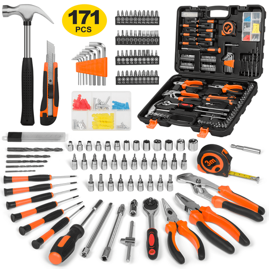 CSD44HHTS0000OG171pcs 171 Piece Household Tool Kit/Mechanics Tool Set, Socket Wrench Auto Repair Tool Combination Package 1/4" Ratchet Wrench, Mixed Hand Mechanics Tools Kit Socket Set with Plastic Toolbox Storage Case