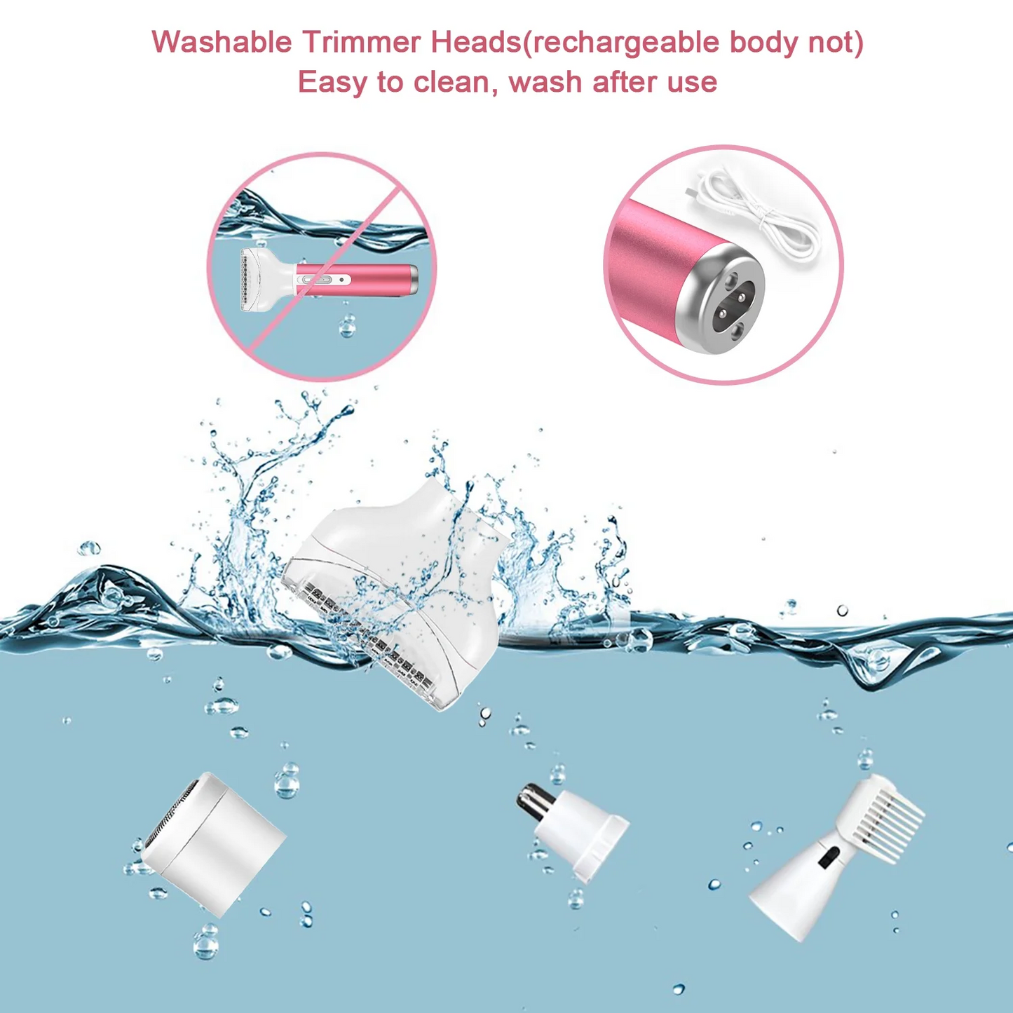 4 in 1 Women Electric Shaver Rechargeable Waterproof Razor Painless Epilator Body Hair Remover Nose Hair Beard Bikini Trimmer Eyebrow Face Facial Armpit Legs Removal Clipper Lady Grooming Groomer Kit
