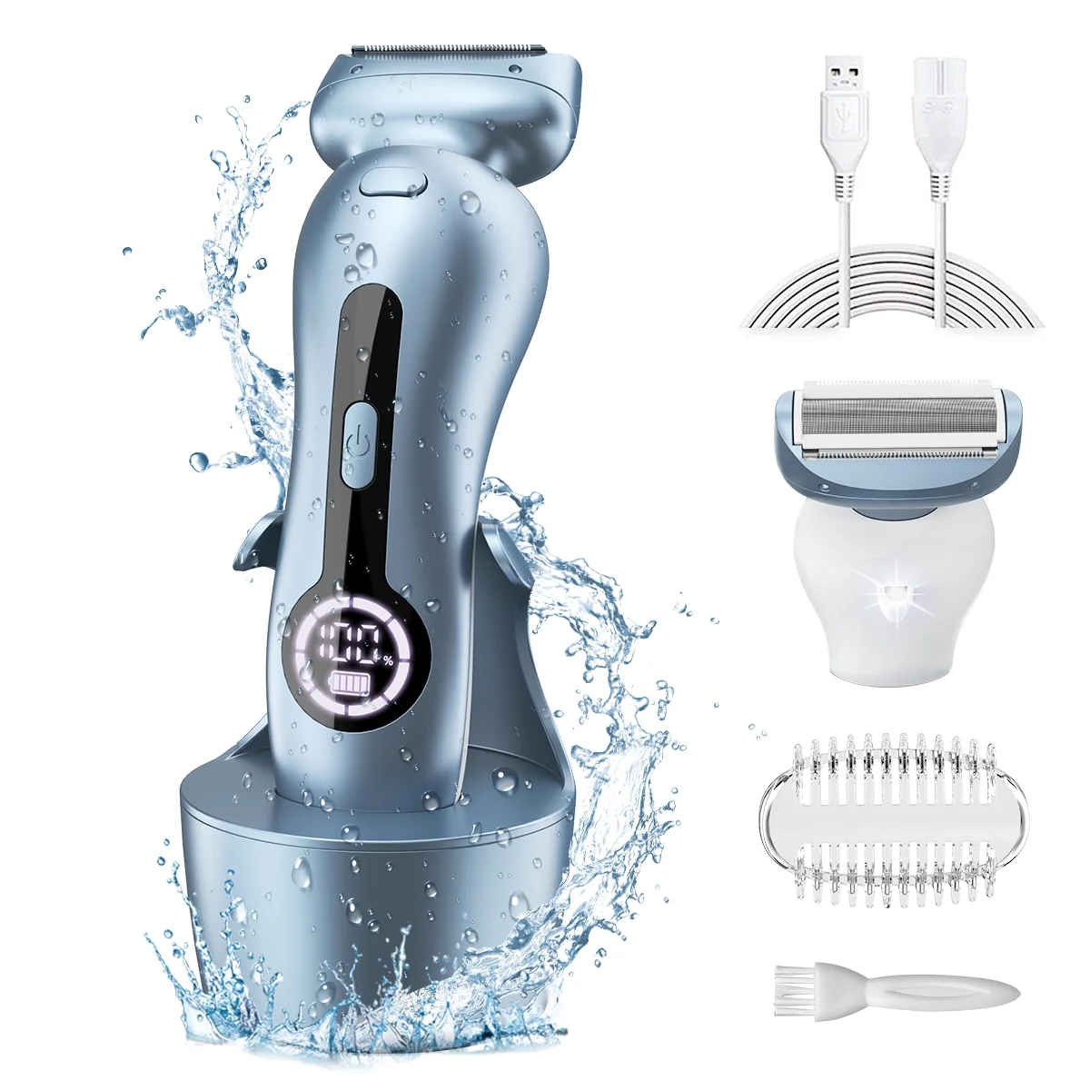 Electric Shaver for Women, Womens Electric Razor Lady IPX7 Waterproof Legs Arm Underarm Painless Epilator Body Hair Remover Rechargeable Wet Dry Use Bikini Trimmer W/ Charging Stand & LCD Display