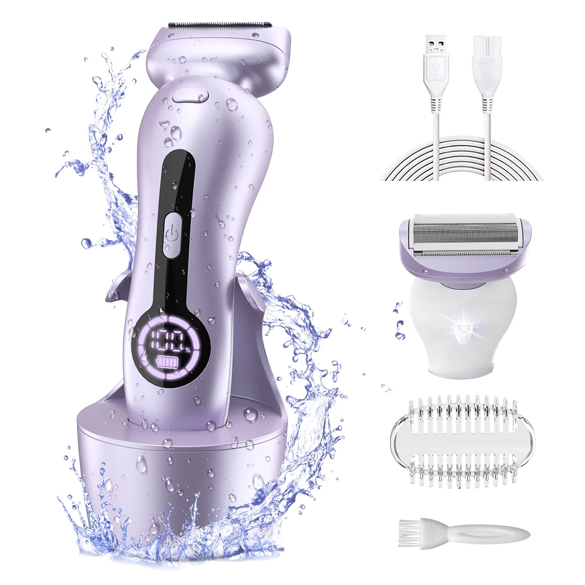 Electric Shaver for Women, Womens Electric Razor Lady IPX7 Waterproof Legs Arm Underarm Body Painless Epilator Rechargeable Wet Dry Use Bikini Trimmer W/ Charging Stand & LCD Display