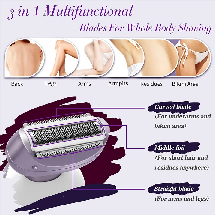 Electric Shaver for Women, Womens Electric Razor Lady IPX7 Waterproof Legs Arm Underarm Body Painless Epilator Rechargeable Wet Dry Use Bikini Trimmer W/ Charging Stand & LCD Display