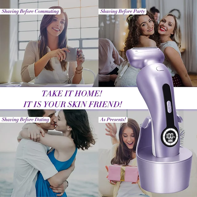 Electric Shaver for Women, Womens Electric Razor Lady IPX7 Waterproof Legs Arm Underarm Body Painless Epilator Rechargeable Wet Dry Use Bikini Trimmer W/ Charging Stand & LCD Display