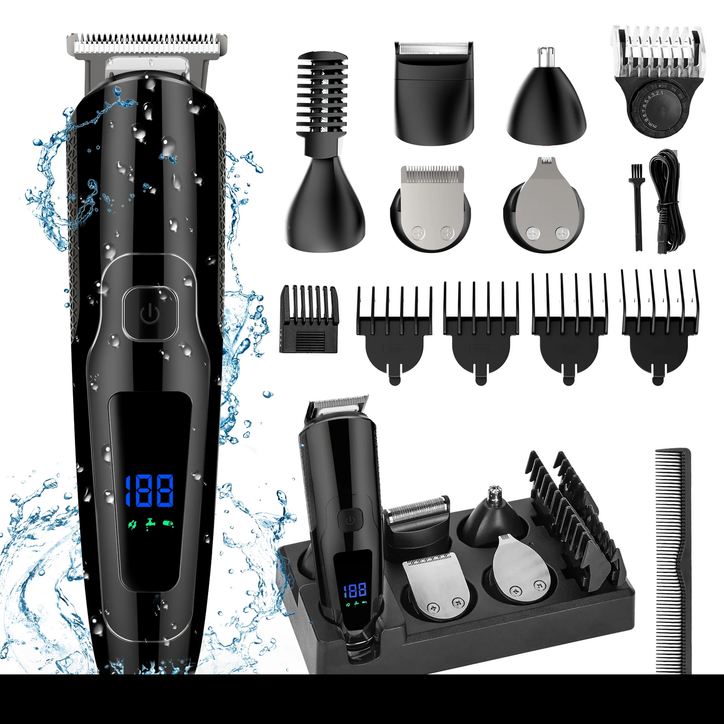 Hair Clipper, 14 in 1 Electric Beard Trimmer for Men, IPX7 Waterproof USB Rechargeable Cordless Haircut Face Nose Ear Hair Groomer Kit W/ LED Display for Home Travel Wet/Dry Use