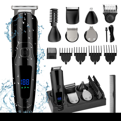 Hair Clipper, 14 in 1 Electric Beard Trimmer for Men, IPX7 Waterproof USB Rechargeable Cordless Haircut Face Nose Ear Hair Groomer Kit W/ LED Display for Home Travel Wet/Dry Use