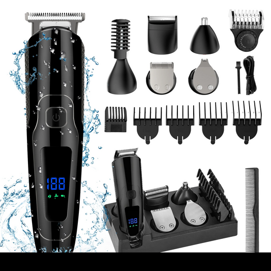 Hair Clipper, 14 in 1 Electric Beard Trimmer for Men, IPX7 Waterproof USB Rechargeable Cordless Haircut Face Nose Ear Hair Groomer Kit W/ LED Display for Home Travel Wet/Dry Use