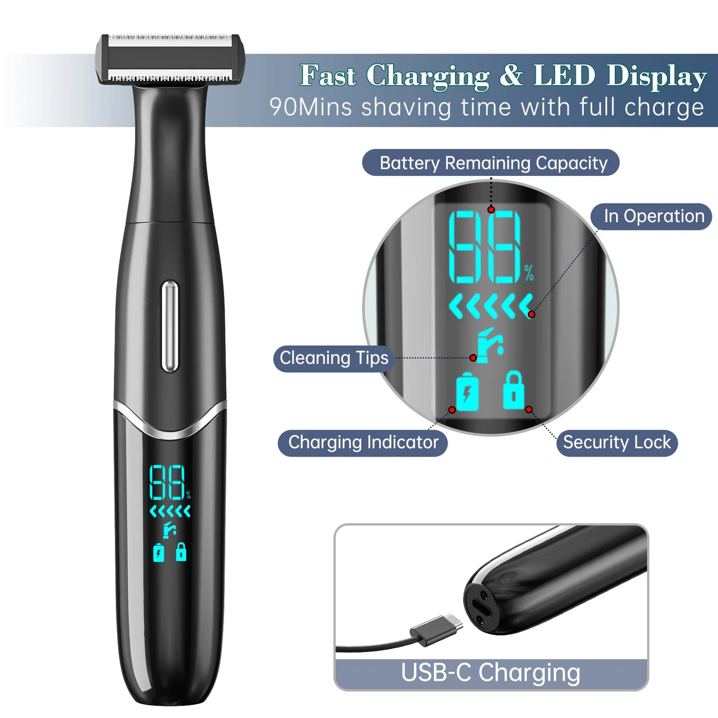 Electric Razors for Women, 4 in 1 Painless Electric Shaver, Rechargeable Lady Electric Bikini Trimmer Pubic Hair Removal With LED Display for Body Face Nose Eyebrow Armpit Bikini Area Underarm Legs