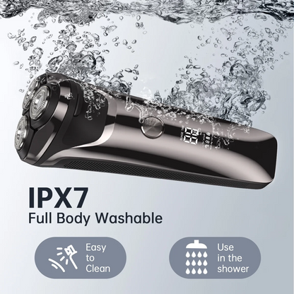 Men's Electric Razor, 2 in 1 4D Electric Rotary Shaver Cordless Rechargeable Mustache Face Beard Trimmer IPX7 Waterproof Dry/Wet, W/ LED Display & Holder for Husband Dad Travel