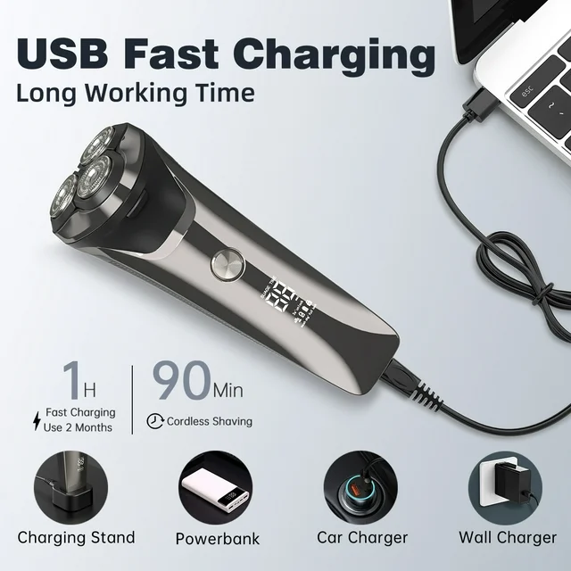 Men's Electric Razor, 2 in 1 4D Electric Rotary Shaver Cordless Rechargeable Mustache Face Beard Trimmer IPX7 Waterproof Dry/Wet, W/ LED Display & Holder for Husband Dad Travel