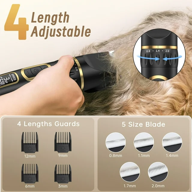Cshidworld Dog Clippers, Professional Dog Grooming Kit, 3-Speed Low Noise Rechargeable Cordless Pet Hair Clipper Trimmer Shaver Shears for Cats Pets Animals Thick Coats with LCD Display, 6 Comb Guides