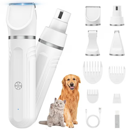 4 in 1 Dog Clippers, Low Noise Pets Hair Clipper Grooming Kit, Cordless Dog Paw Trimmers Rechargeable Quiet Nail Grinder Shaver for Dogs Cats Trimming Hair Around Paws Eyes Ears Face Rump