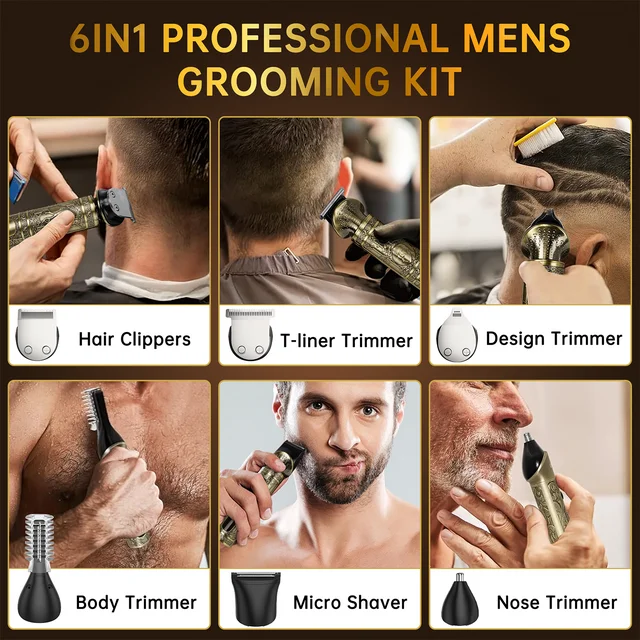 Beard Trimmer for Men, 6 in 1 Waterproof T-Blade Hair Clippers, Electric Razor Shavers for Men, LED Display, Grooming Kit for Nose Mustache Body Facial Men Gifts