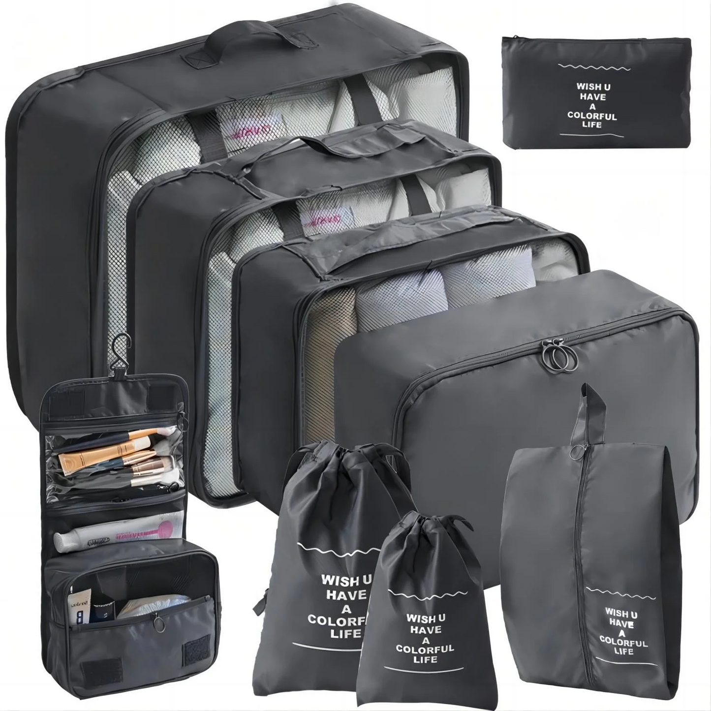 Packing Cubes 9 Set, Travel Packing Organizers with Large Toiletries Bag for Clothes Shoes