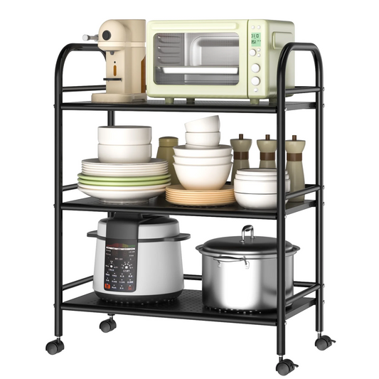 3-Tier Metal Rolling Cart, Shelving Unit Storage Rack Kitchen Cart Island with Shelves, Heavy Duty Multifunctional Metal Frame with 2 Lockable Wheels for Home Office Kitchen Bathroom Bedroom, Blac