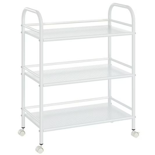 3-Tier Metal Rolling Cart, Heavy Duty Multifunctional Metal Frame with 2 Lockable Wheels, Shelving Unit Storage Rack Kitchen Cart Island with Shelves for Home Office Kitchen Bathroom Bedroom, White