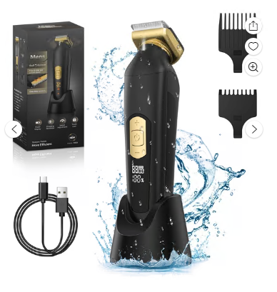 Body Hair Trimmer for Men, Electric Groin Hair Trimmer for Men with Safe Blade, Cordless Ball Shaver Men w/Light, Charging Dock, Waterproof Wet/Dry Clippers, LED Display