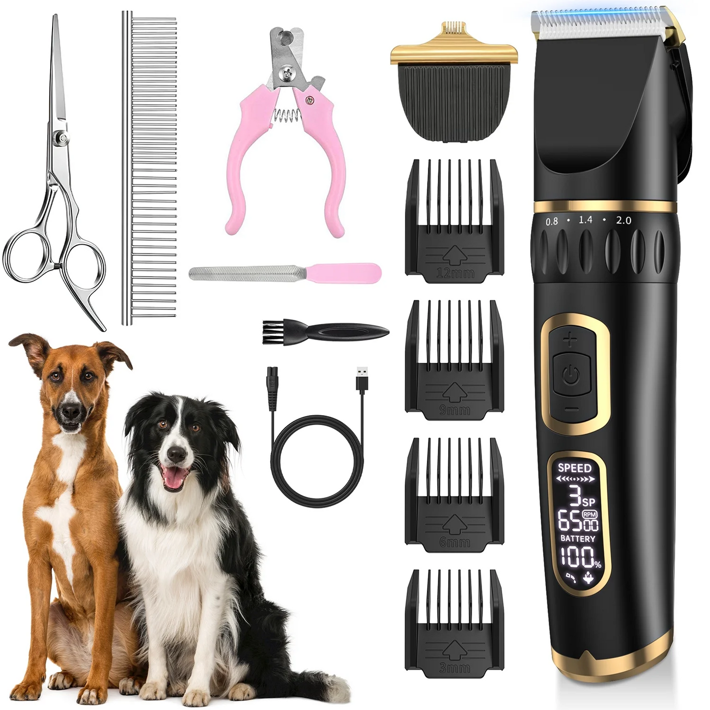 Dog Clippers Grooming Kit, Rechargeable Cordless Pet Hair Clipper Trimmer Shaver, 3-Speed Low Noise Electric Pets Tools with LCD Display, Scissor, 6 Comb Guides for Thick Coats Dogs Cats Animals