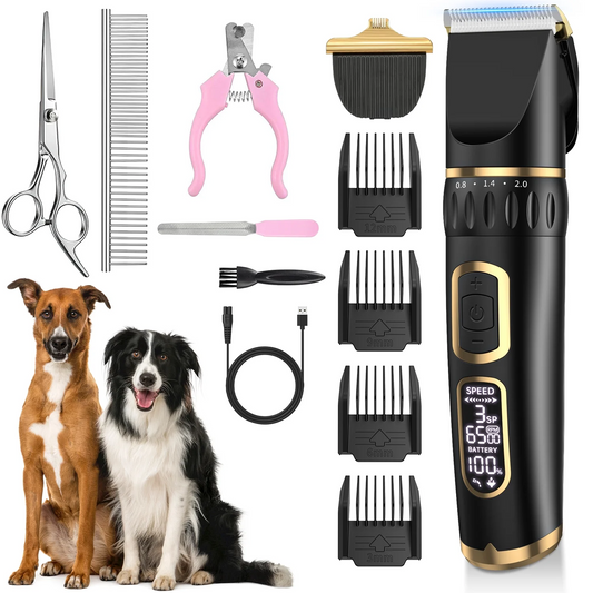 Dog Clippers Grooming Kit, Rechargeable Cordless Pet Hair Clipper Trimmer Shaver, 3-Speed Low Noise Electric Pets Tools with LCD Display, Scissor, 6 Comb Guides for Thick Coats Dogs Cats Animals