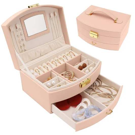 2-Layer Jewelry Box for Women Girls, Portable Leather Jewelry Organizer with Mirror, Lockable Travel Jewelry Storage Case for Earrings, Rings, Necklaces, Bracelets