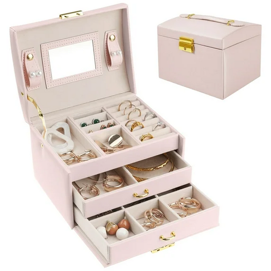 3-Layer Jewelry Box for Women Girls, Portable Leather Jewelry Organizer with Mirror, Lockable Travel Jewelry Storage Case for Earrings, Rings, Necklaces, Bracelets
