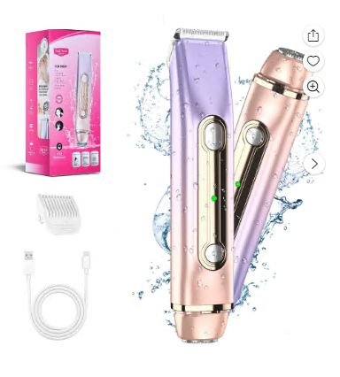 Bikini Trimmer for Women, 2 in 1 Dual Head Electric Razor, IPX7 Waterproof Wet/Dry Use Women Electric Shaver, Painless Body Facial Hair Remover for Bikini Legs Arm Underarm, Rechargeable