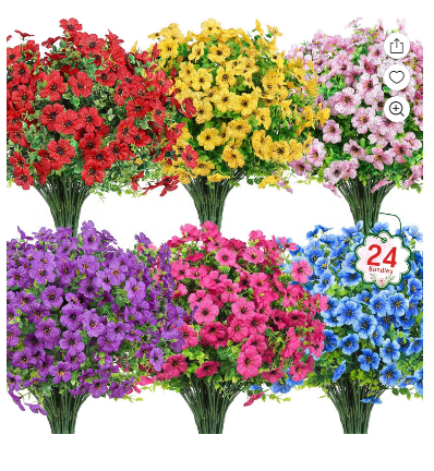 12 Bundles Artificial Flowers for Outdoors Fake Silk Flowers UV Resistant Faux Plastic Plants for Spring Summer Garden Porch Window Box Table Vase Home Indoor Outdoor Decoration, Mixed