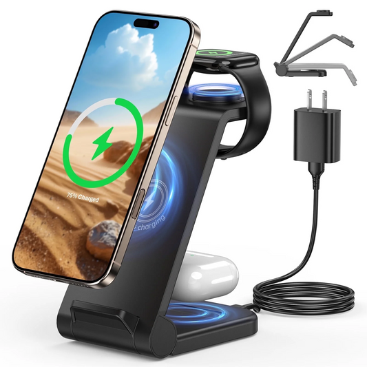 CSD02WCHGWX38BL 3-in-1 Fast Wireless Charging Station for iPhone 16 15 14, Apple Watch Ultra SE S3-S10, AirPods 4/3/2/ Pro, Foldable, Anti-slip Pad for Multiple Apple Devices