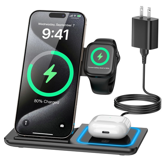 CSD01WCHGX455BL Wireless Charging Station, 3-in-1 Foldable Travel Charger for Apple Devices, Compatible with iPhone 16/15/14/Pro/Max , Apple Watch Series 3 to 10/SE/Ultra, AirPods Pro 2/3/4 (with Case)