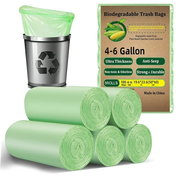 CSD01TRBA0001GN 100 Count Biodegradable Trash Bags 4-6 Gallon, Green Small 4 Gallon Garbage Bags, Durable & Easy-Tear Design, Perfect for Home & Office Use