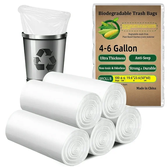 CSD01TRBA0001WH 100 Count Biodegradable Trash Bags 4-6 Gallon, White Small 4 Gallon Garbage Bags, Durable & Easy-Tear Design, Perfect for Home & Office Use