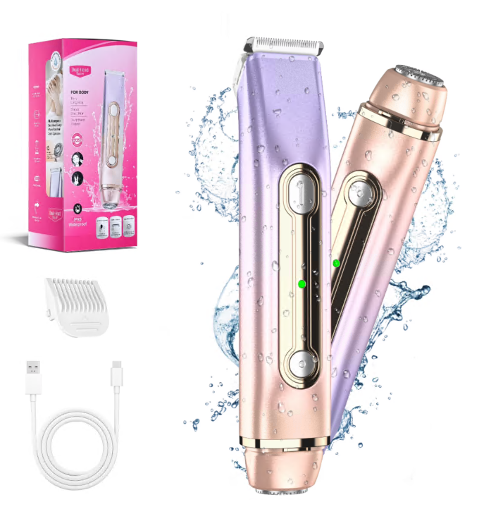 Bikini Trimmer for Women, 2 in 1 Dual Head Electric Razor, IPX7 Waterproof Wet/Dry Use Women Electric Shaver, Painless Body Facial Hair Remover for Bikini Legs Arm Underarm, Rechargeable