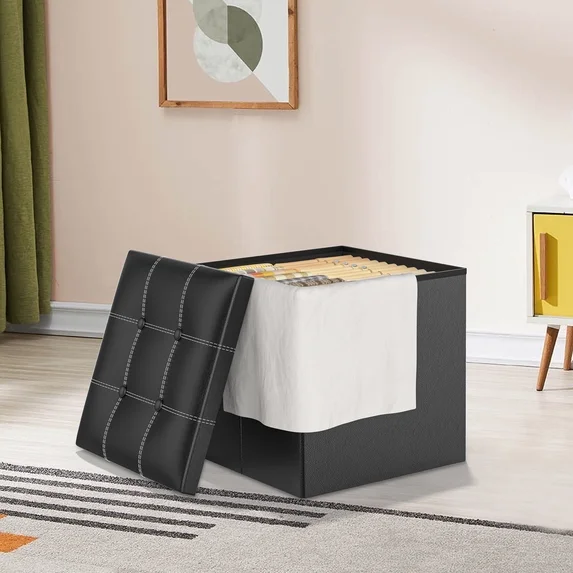 CSD02SROM0000BL  Storage Ottoman, 15 inch Foot Rest Stool, 40L Folding Leather Footstool Bench, Short Black Ottoman Stool, Storage Foot Rest for Books Toys Blankets