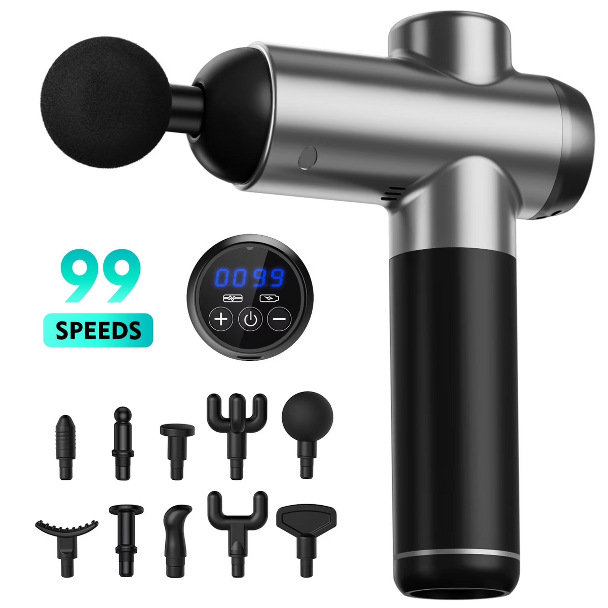 CSDMG04A  99 Speed Adjustable Fascial Massage Gun, Handheld, Deep Tissue Massage, Motorized Silent Portable with 10 Customized Massage Heads for Muscle Soreness and Stiffness，Gray