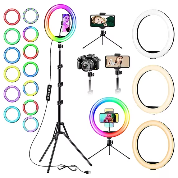Cshidworld 13" RGB Selfie Ring Light w/ Tripod Stand & Phone Holder 26 Modes 10 Brightness Level 120 LED Bulbs Dimmable Selfie Ringlight for Live Stream Makeup YouTube Video Photography Shooting