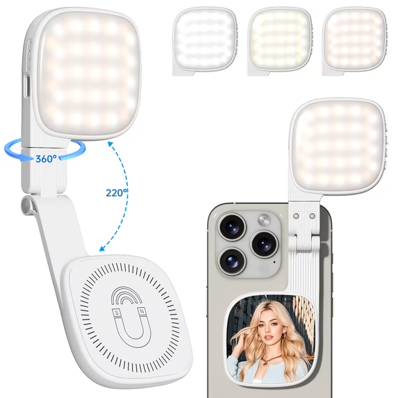 Cshidworld Magnetic Ring Light, Rechargeable 1000mAh, 48 High-Lumen LEDs, 10 Brightness Levels, 360° Rotation, Built-in Mirror, Ideal for Live Streaming, Selfies, Vlogging, Makeup, White