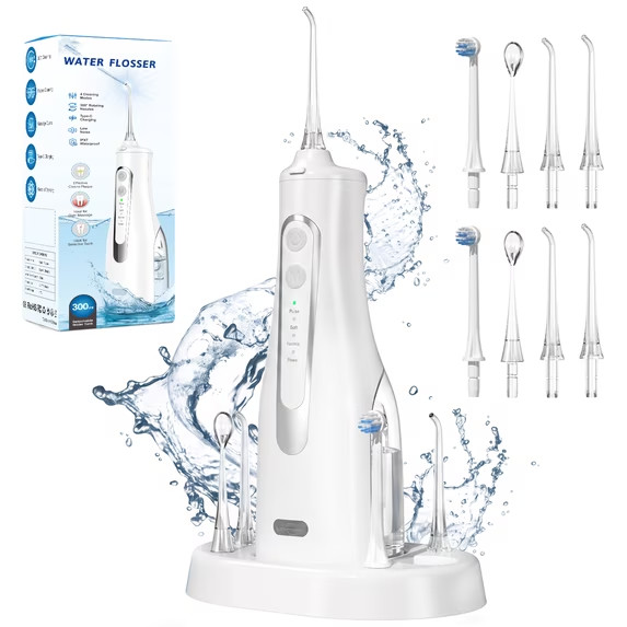 Water Dental Flosser Teeth Pick, Portable Cordless Oral Irrigator 300ML Rechargeable Travel Irrigation Cleaner, IPX7 Waterproof Electric Flosser for Teeth Cleaning, Wired & Wireless Charge Waterpick CSD02M149PWF0WH