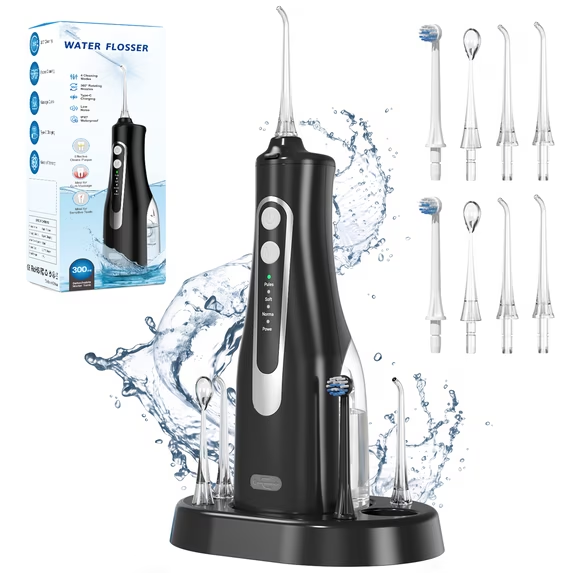 Water Dental Flosser, Cordless Teeth Pick Portable 4 Modes, Rechargeable Oral Irrigator IPX7 Waterproof Travel Gum Floss Cleaner Deep Cleaning Flossing Picks with Wireless Charge Base, Black CSD01M149PWF0BK