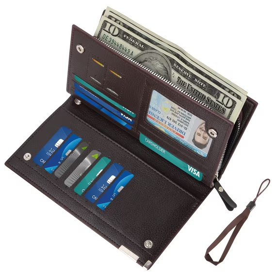 Cshidworld Long Mens Wallets, Genuine Leather RFID Blocking Wallet for Men, Bifold Mens Wallet with Zipper Pockets Large Space with 14 card holers,1ID window and 2 SIM slot