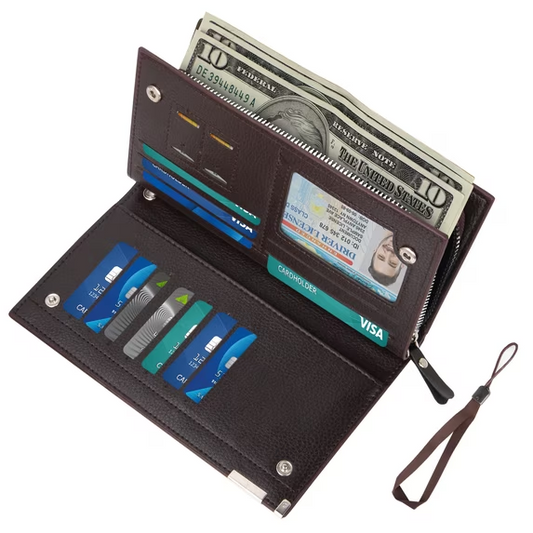 Cshidworld Long Mens Wallets, Genuine Leather RFID Blocking Wallet for Men, Bifold Mens Wallet with Zipper Pockets Large Space with 14 card holers,1ID window and 2 SIM slot