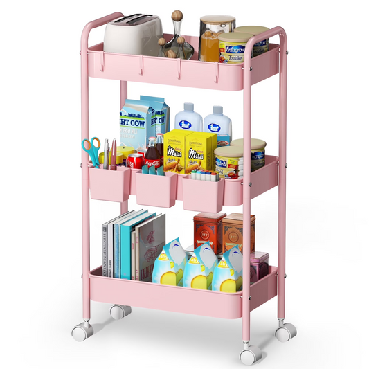 3 Tier Mesh Utility Cart, Rolling Metal Organization Cart with Handle and Lockable Wheels, 3 Hanging Cups and 4 Hooks, Mobile Trolley Cart for Kitchen, Bathroom, Office, Workshop